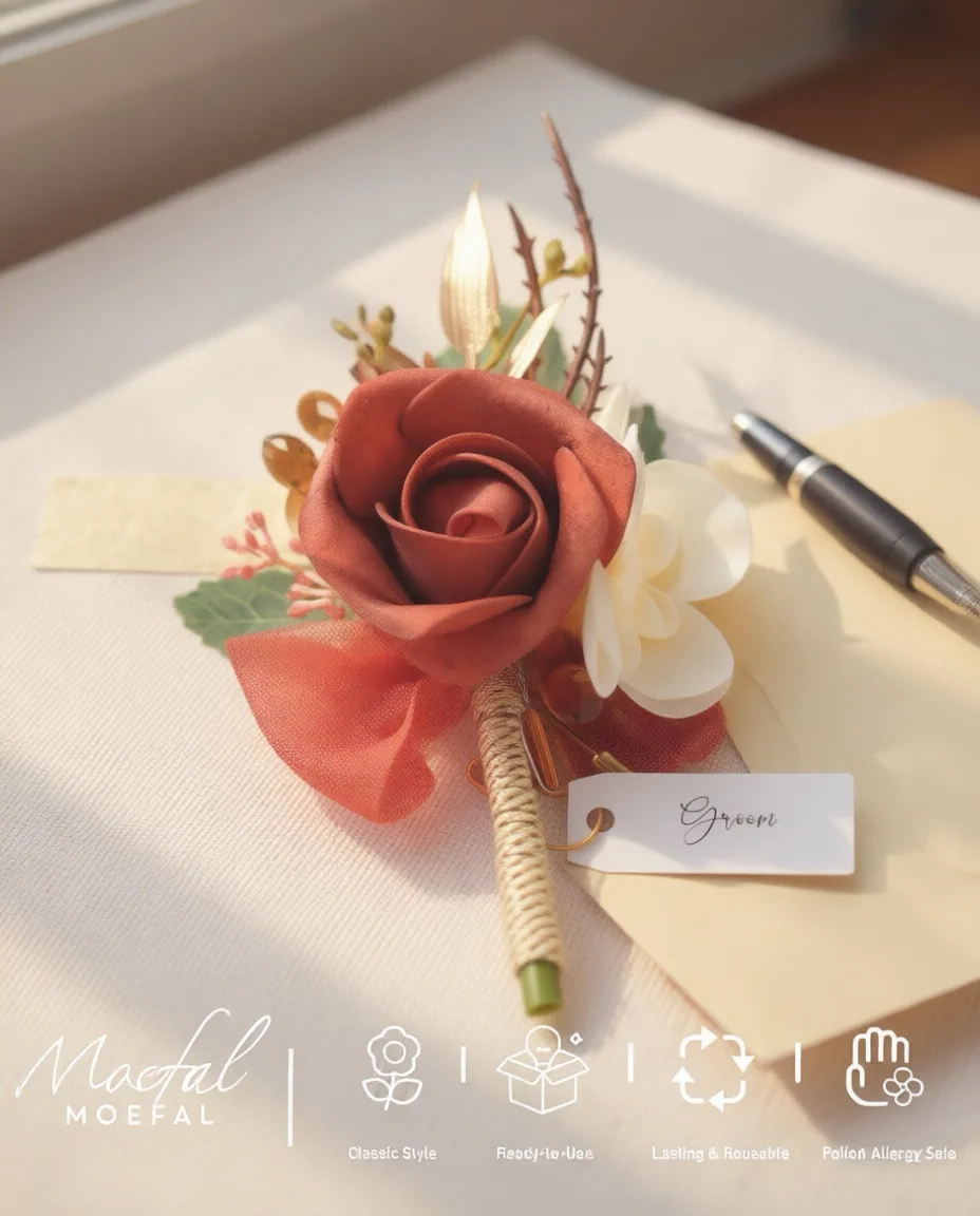 A stylish terracotta boutonniere with gold leaves resting beside a wedding invitation envelope.