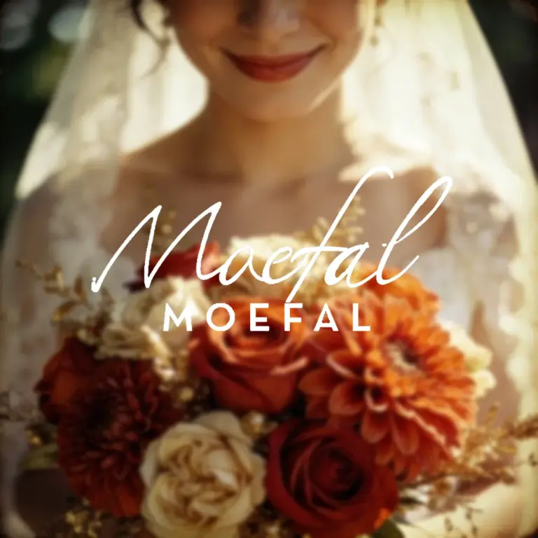 Close-up of a smiling bride holding her lush terracotta wedding flowers bouquet.