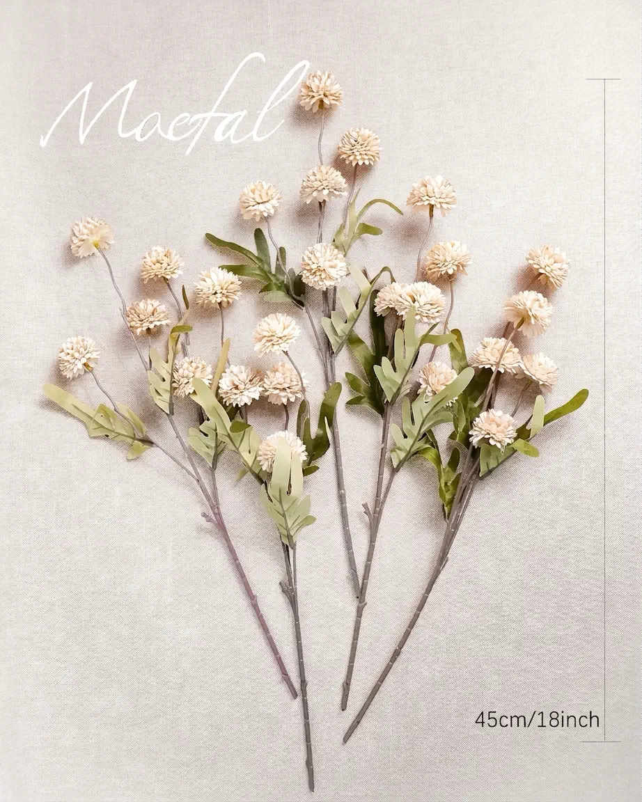Three full stems of beige pompon mums laid out to show their length.