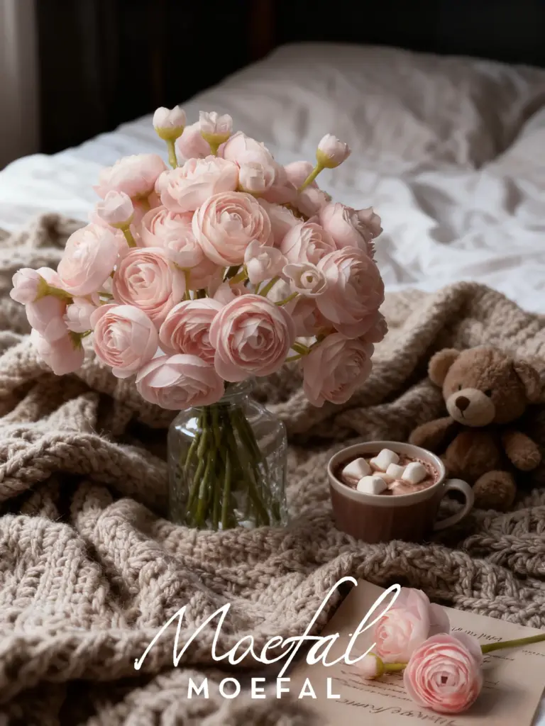 Blush ranunculus decor arrangement in a vase on a cozy bed with hot chocolate.