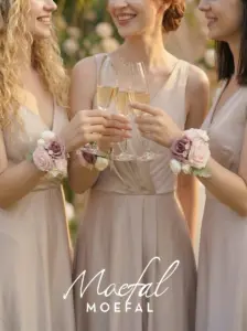 Three smiling bridesmaids toasting with champagne wearing a floral bridesmaid wrist corsage.