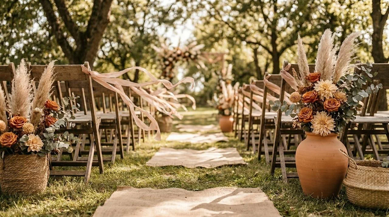 Large terracotta pots with rustic ceremony florals lining a sunlit, grassy wedding aisle path.