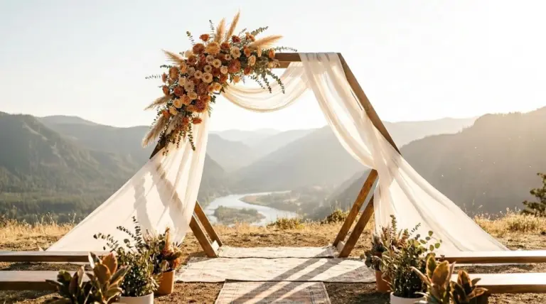 A wooden wedding arch with ceremony florals overlooking a scenic river valley at sunset.