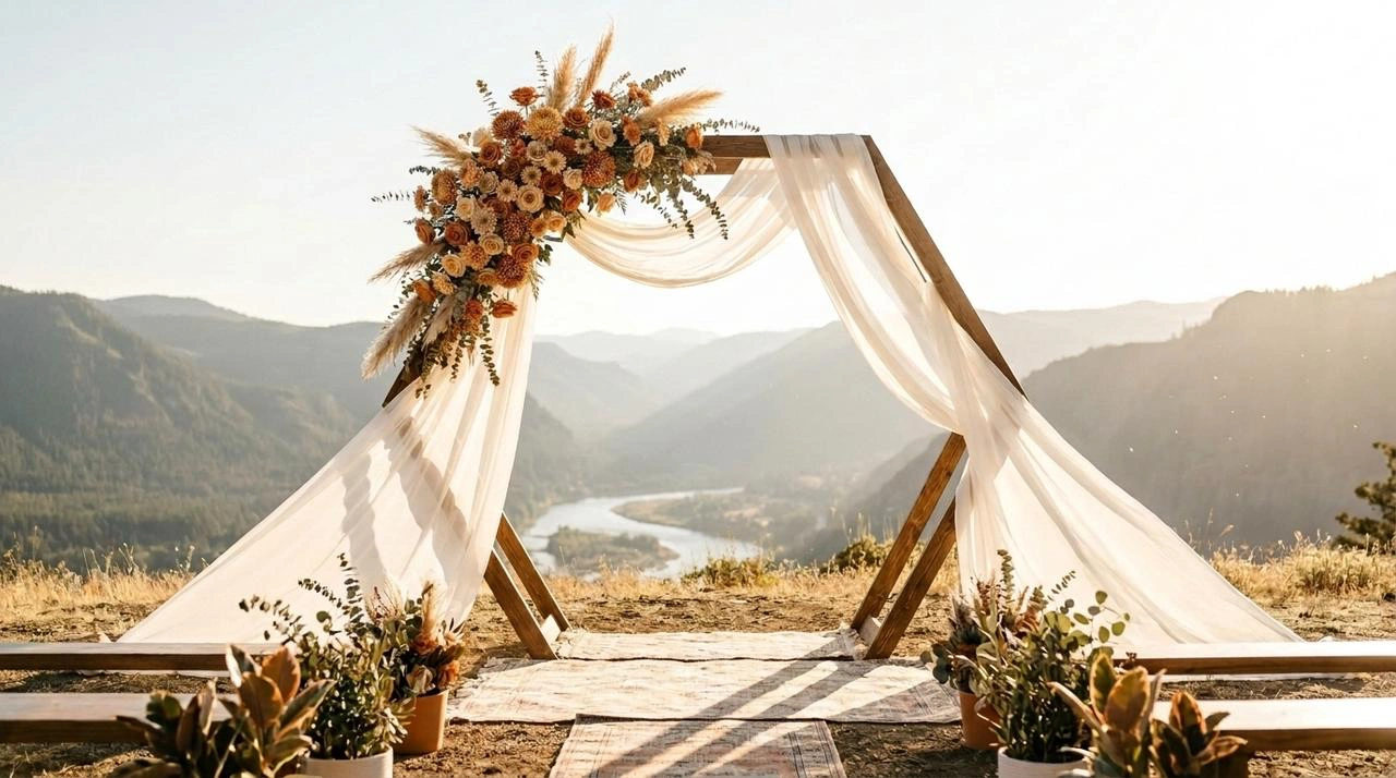 A wooden wedding arch with ceremony florals overlooking a scenic river valley at sunset.