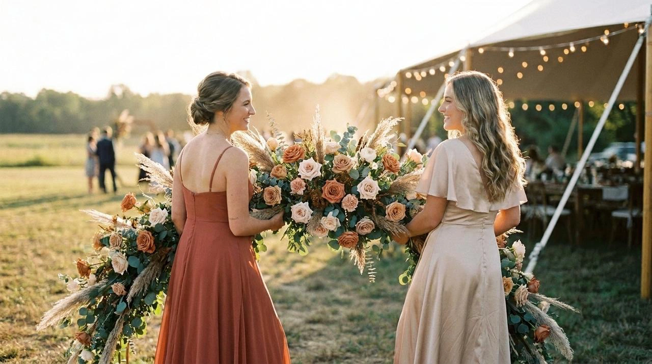 Two bridesmaids carrying a large floral swag to repurpose ceremony florals for the reception.