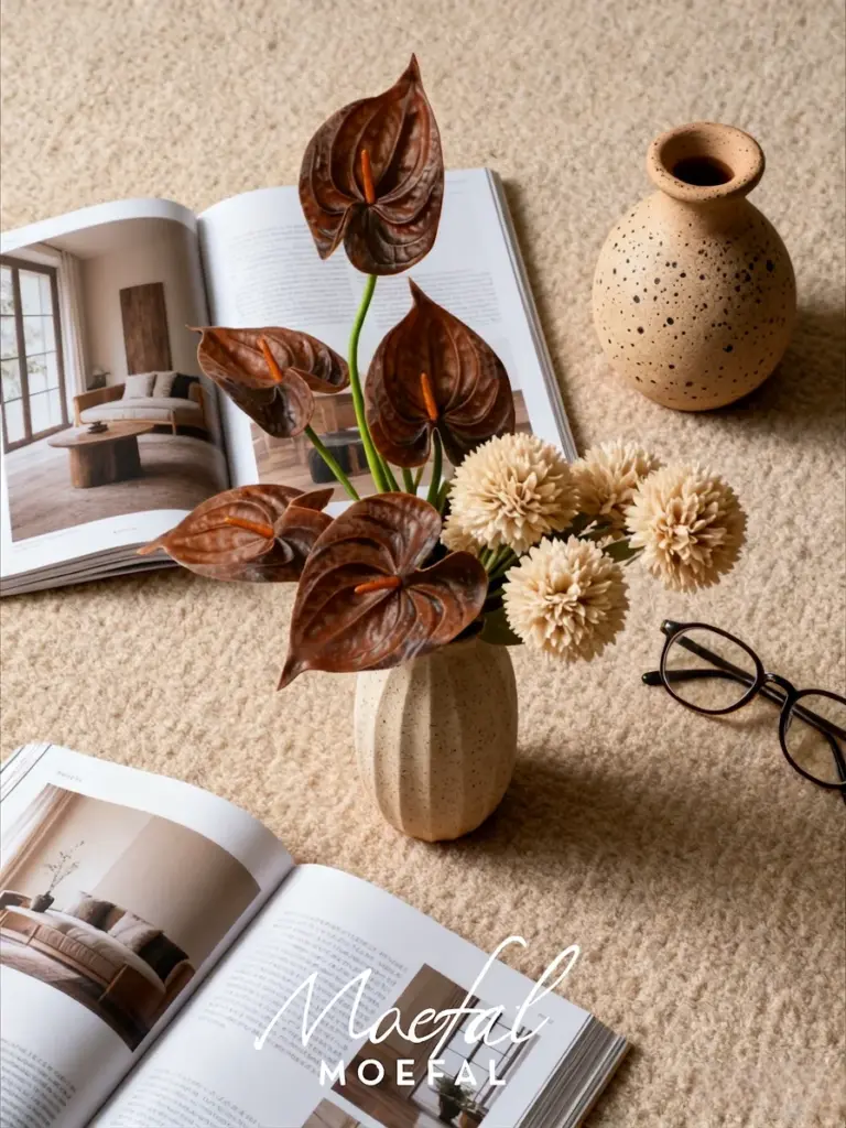 A cozy coffee table decor setup with brown flowers and open books on carpet.