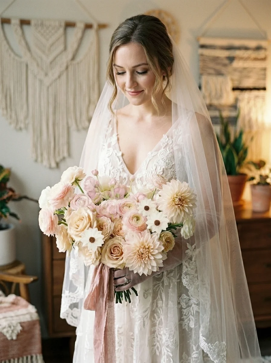 A bride holds her lush bouquet, the centerpiece for her coordinating bridesmaid bouquets.