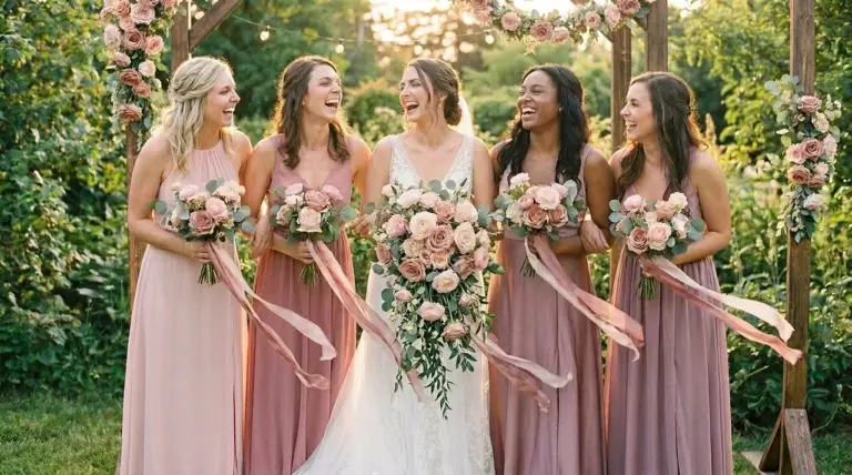 A bride and four bridesmaids holding coordinating bridesmaid bouquets while laughing outdoors.