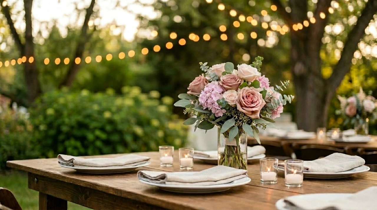 Repurposing coordinating bridesmaid bouquets as a centerpiece for a rustic reception table setting.