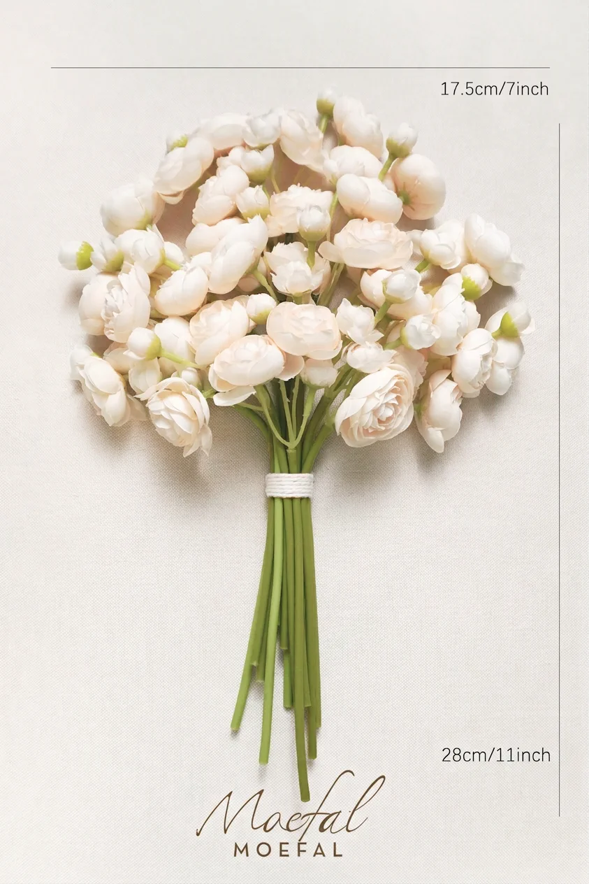 Top-down view of the cream ranunculus bouquet with its size dimensions labeled.