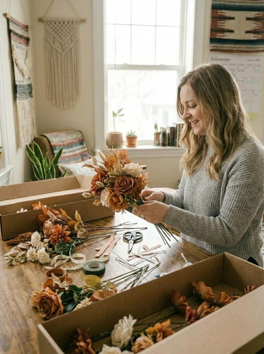 A smiling bride-to-be crafts her own rustic DIY bridal bouquet at a wooden table.