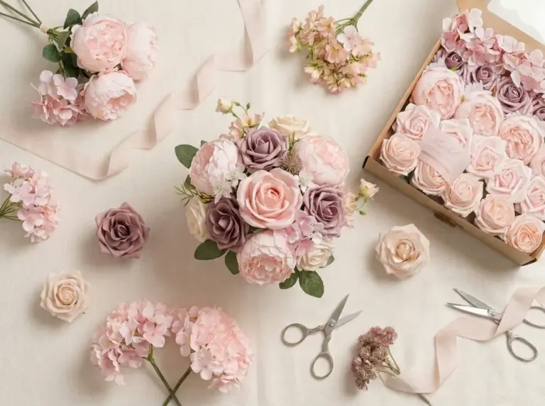 A finished pink and mauve DIY bridal bouquet surrounded by crafting materials and flowers.