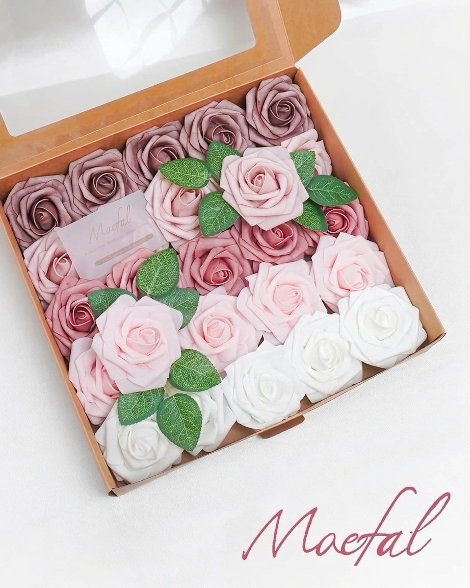 A top view of the complete dusty rose foam roses set in its packaging box.