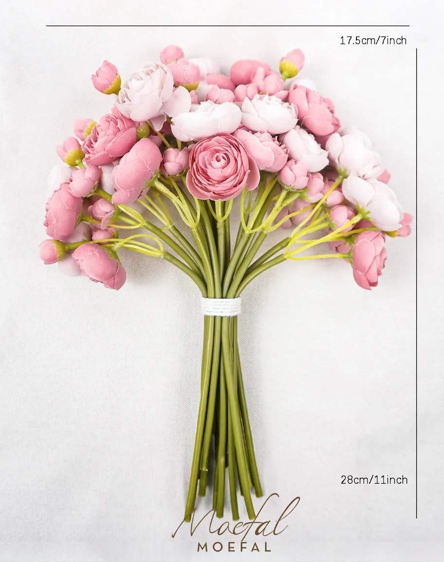 An overhead view of the dusty rose ranunculus bouquet with its dimensions clearly marked.