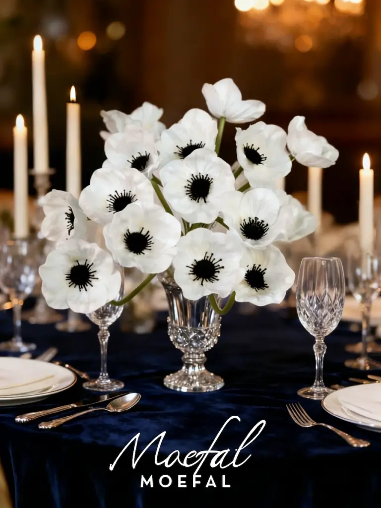 An elegant table setting with a centerpiece of white anemones on a navy velvet tablecloth.