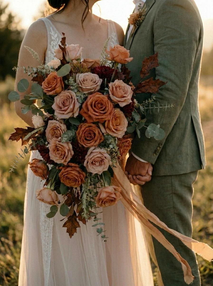 A bride and groom hold hands after deciding on their perfect engagement length.