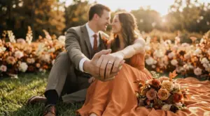A happy couple shows off an engagement ring while enjoying the fiancé phase.