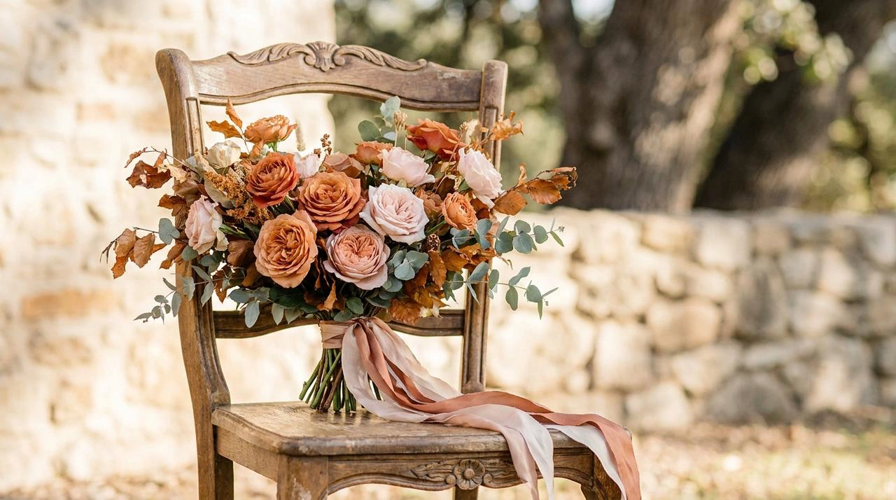 Planning wedding flowers, like this terracotta bouquet, is part of the engagement length.
