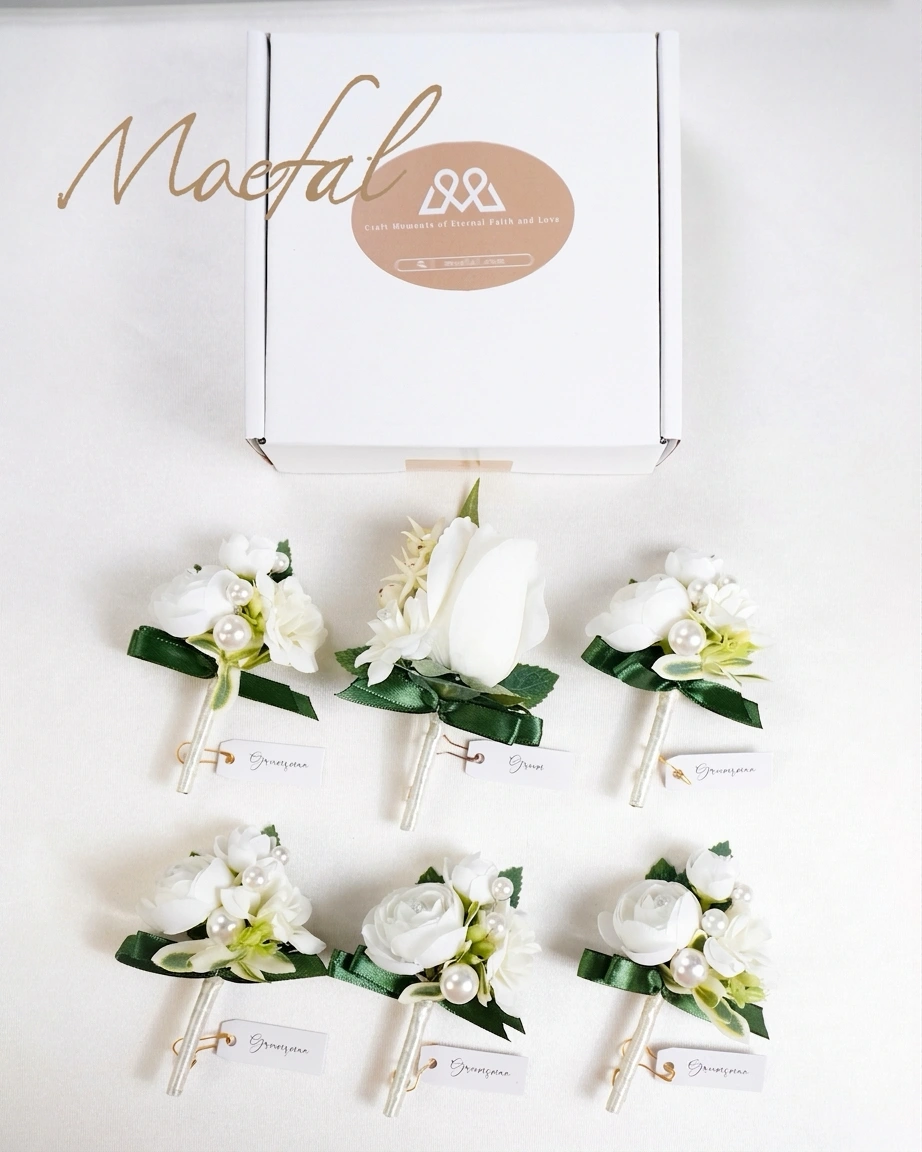 The entire groomsmen boutonniere set displayed neatly below its white packaging box.