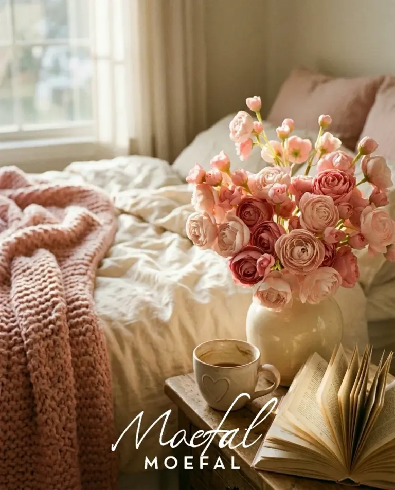 Pink faux flowers in a vase on a bedroom nightstand beside a stack of books.