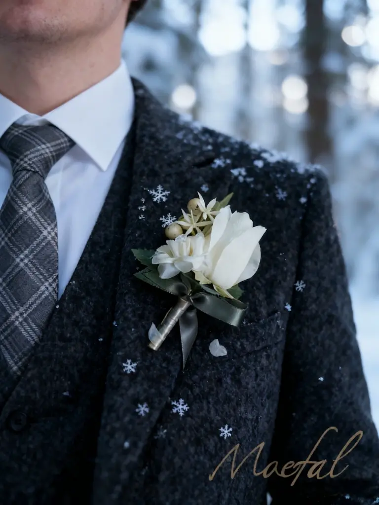 Close-up of a white rose winter wedding boutonniere on a groom's charcoal suit.