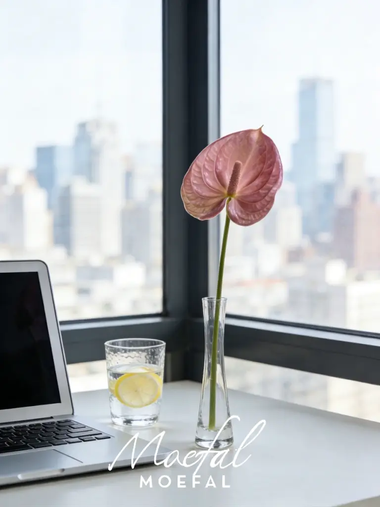 A pink anthurium in a vase as office desk decor next to a laptop.