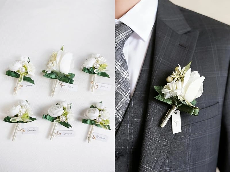 A split image showing a set of white boutonnieres and one worn on a charcoal plaid suit.