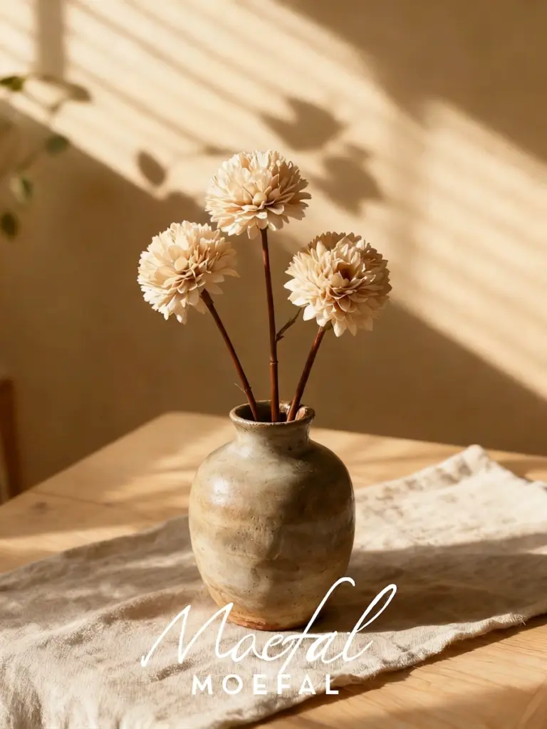 Three cream Real Touch flowers in a rustic ceramic vase on a sunlit wooden table.