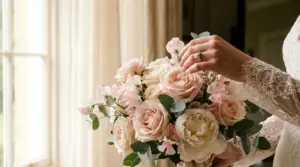 A bride in a lace wedding dress gently styles the petals to revive pre-arranged bouquet.