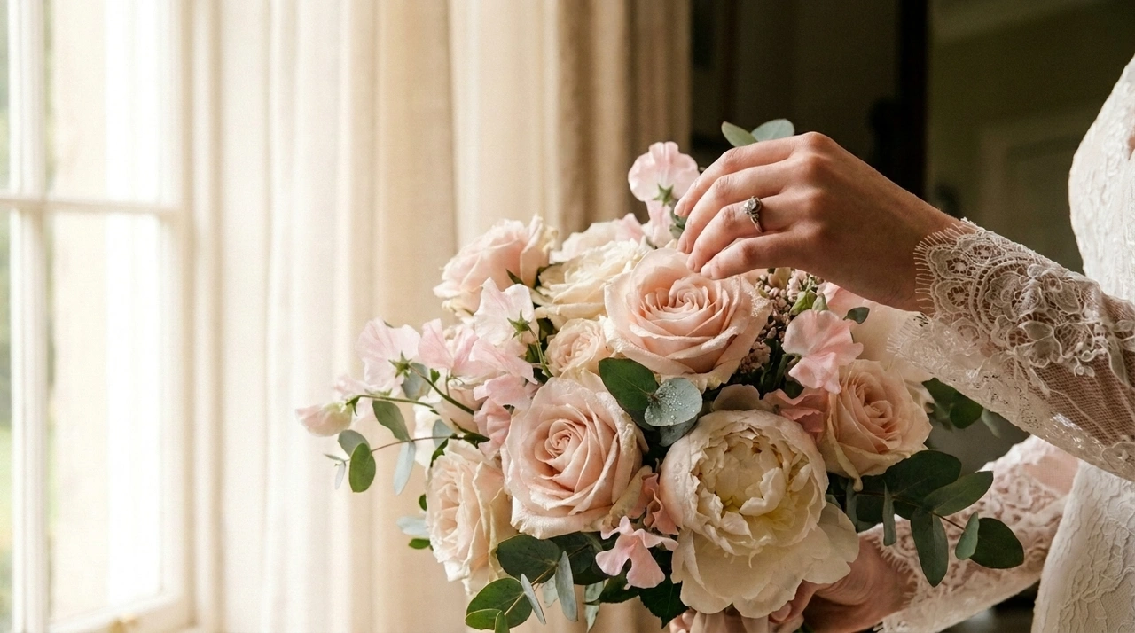 A bride in a lace wedding dress gently styles the petals to revive pre-arranged bouquet.