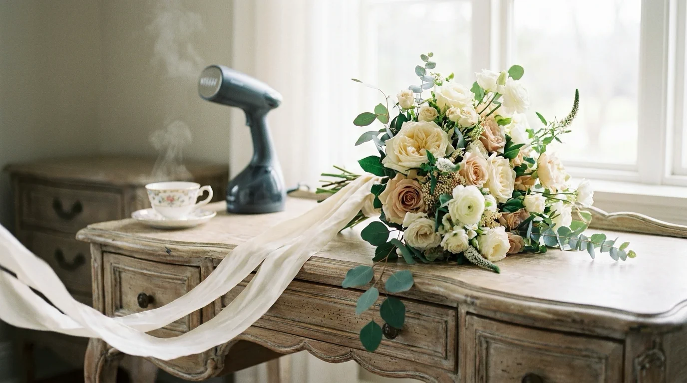 Floral stems rest on a wooden desk beside a garment steamer to revive pre-arranged bouquet.