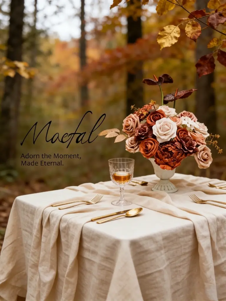 A centerpiece with rust wedding flowers set on a linen tablecloth for fall.