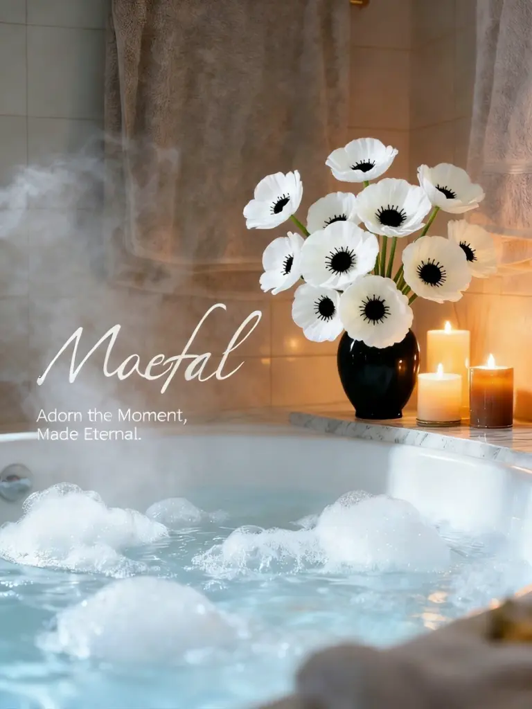 A vase of white faux anemones and candles creating a relaxing spa bathroom decor.