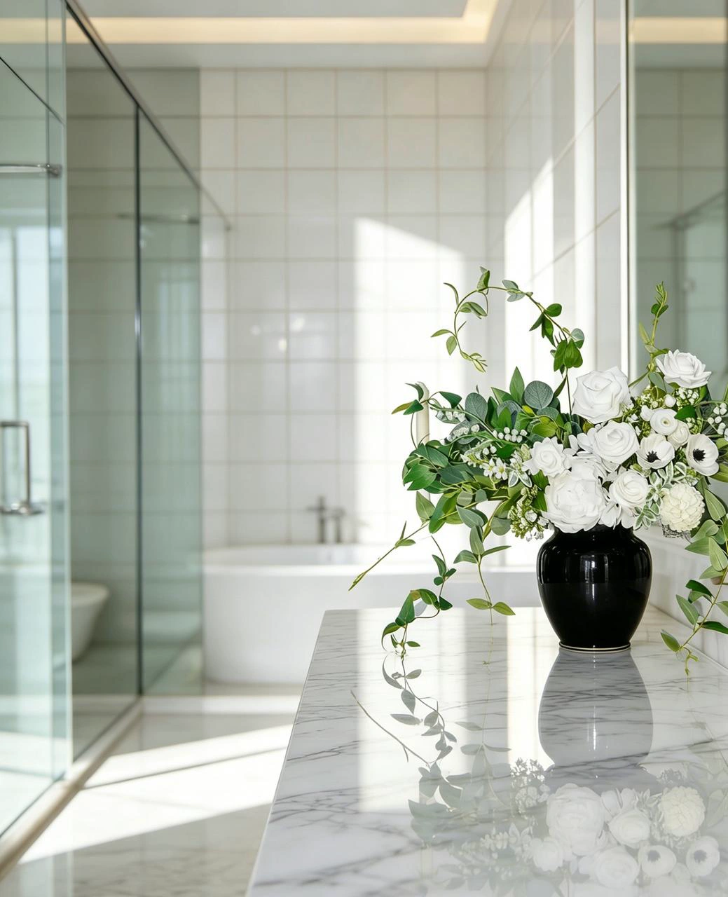 An elegant arrangement of white faux florals in a black vase on a marble bathroom vanity.