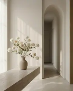 A sculptural arrangement of cream faux florals in a vase on a minimalist entryway console.