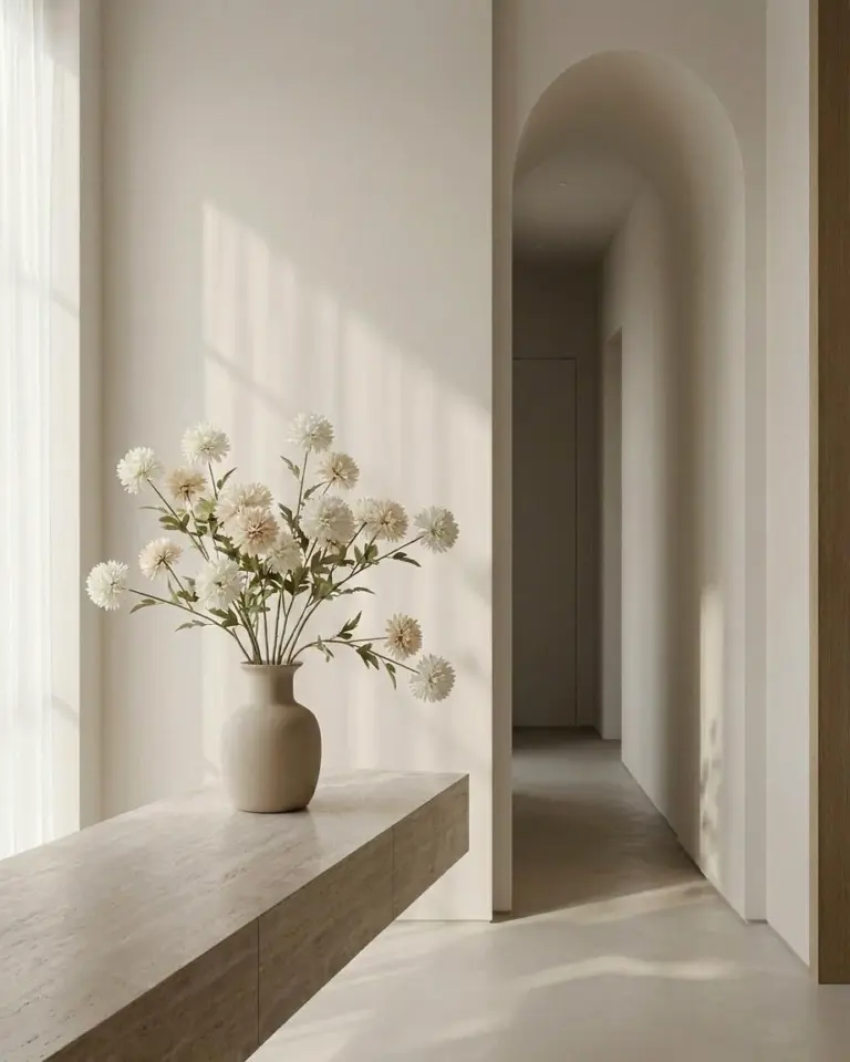 A sculptural arrangement of cream faux florals in a vase on a minimalist entryway console.