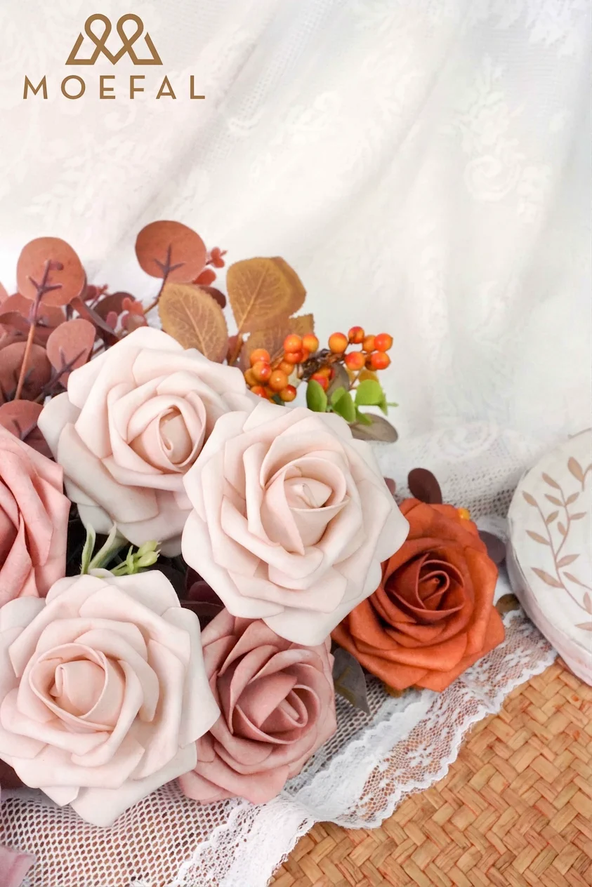 A close-up view of a wedding bouquet showcasing the shades of the terracotta color palette.