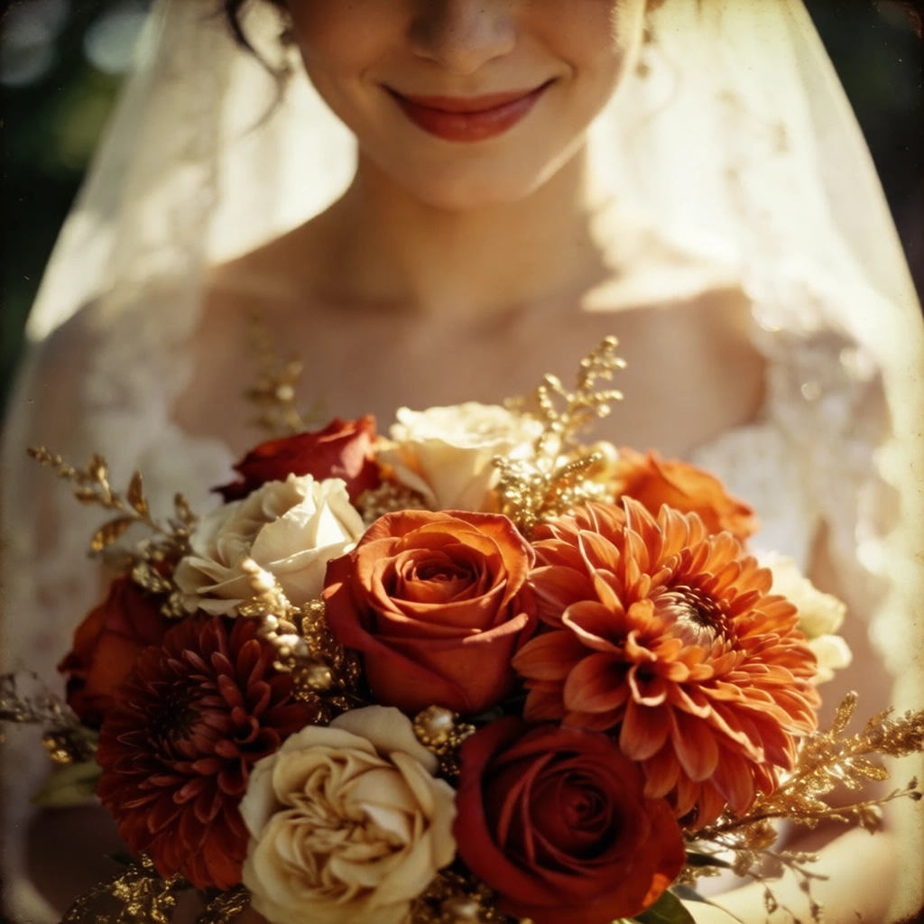 Bride smiling while holding a romantic terracotta and cream bridal bouquet.