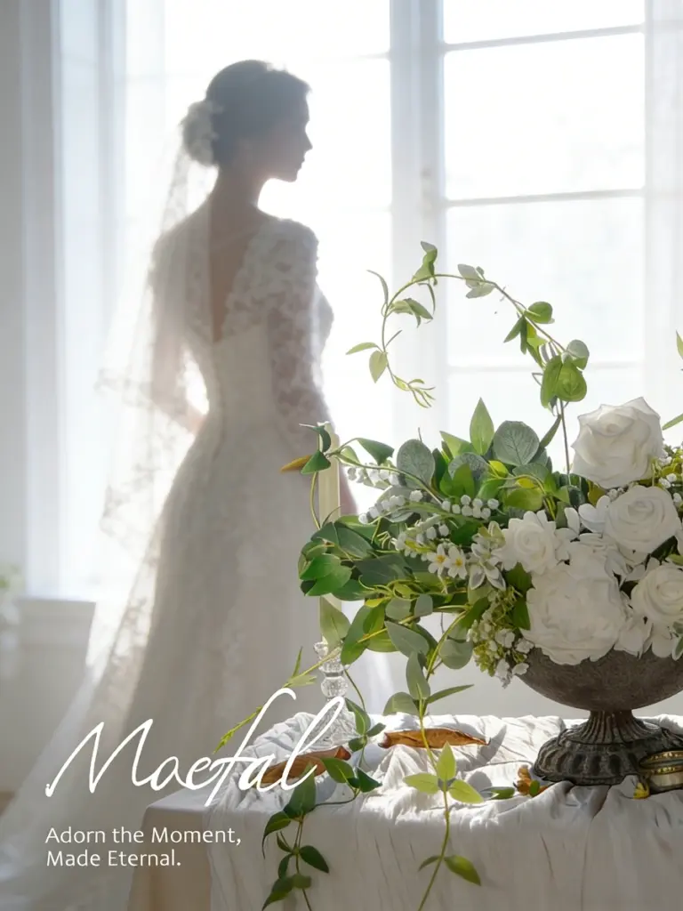 A bride in a lace dress stands by a window near timeless wedding flowers.