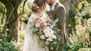 Bride holds a cascading dusty rose bouquet while embracing the groom at a vintage garden wedding.