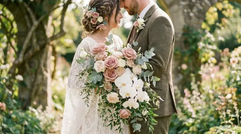 Bride holds a cascading dusty rose bouquet while embracing the groom at a vintage garden wedding.
