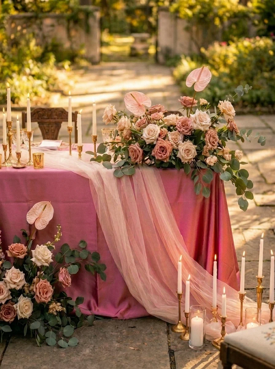 A sweetheart table decorated with dusty rose florals and candles for a vintage garden wedding.