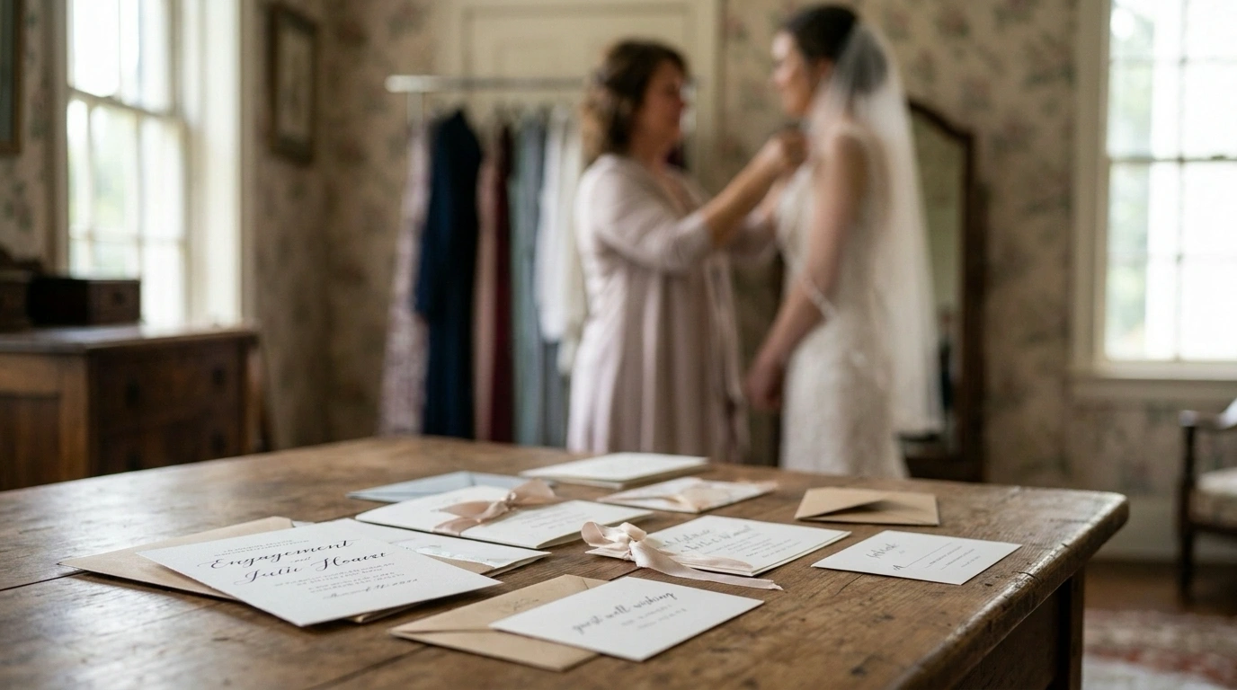 Mother helps bride get ready with invitations in foreground, showcasing supportive wedding party roles.