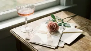 Elegant wedding invitations and a pink rose on a table while planning wedding party roles.