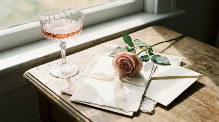 Elegant wedding invitations and a pink rose on a table while planning wedding party roles.