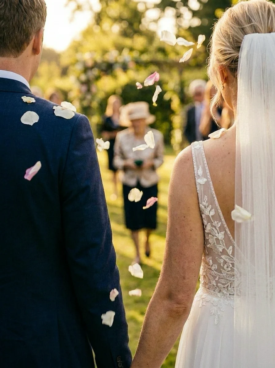 Flower petals shower a bride and groom during a ceremony scene on their wedding timeline.