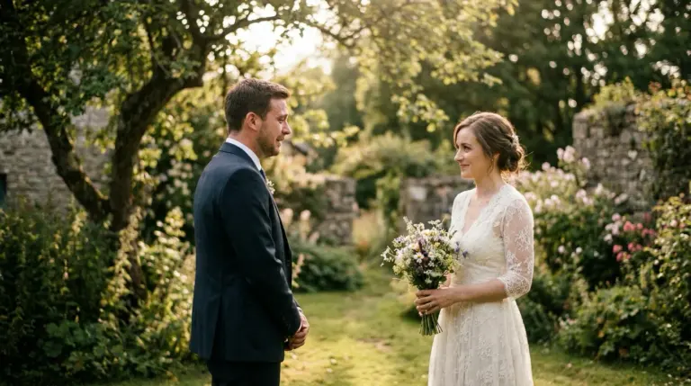 An emotional couple shares a sweet first look moment during their outdoor wedding timeline.