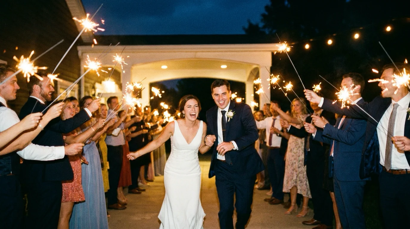 A bride and groom smile during a sparkler grand exit on their wedding timeline.