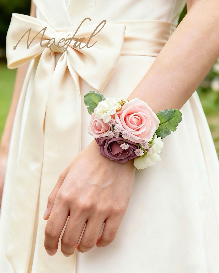A close-up of the dusty rose wedding wrist corsage on a bridesmaid's arm.