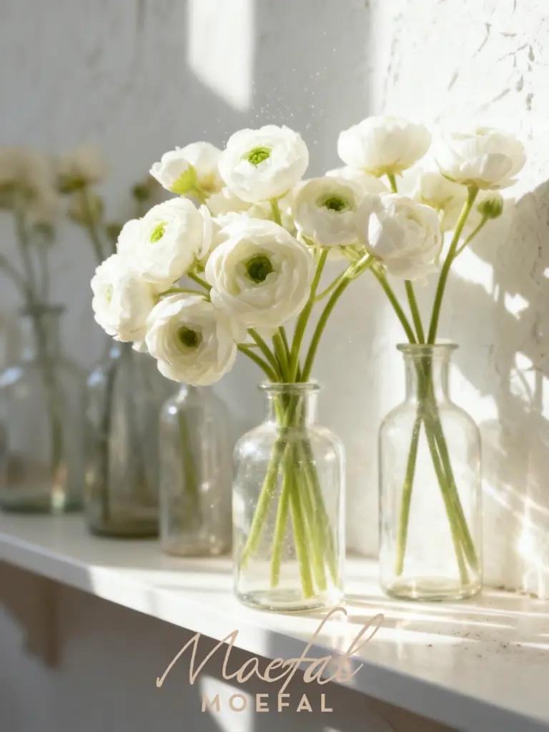 A bouquet of white ranunculus flowers arranged in glass vases on a sunlit windowsill.